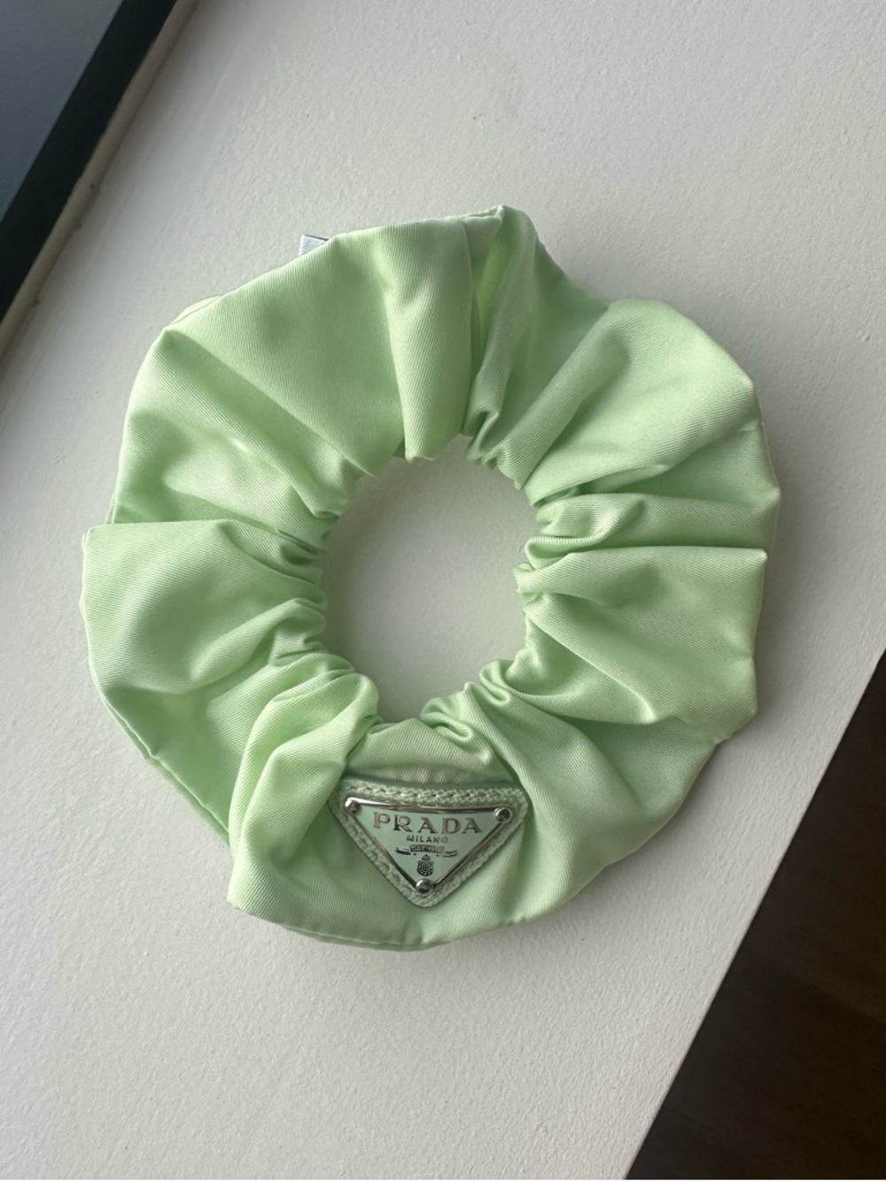 Prada Mint Green Satin Scrunchie with Logo Plaque BRAND NEW NEVER WORN
